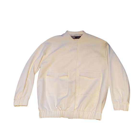 Zara Jackets & Blazers - ZARA Oyster White Long Sleeve Patch Pockets Bomber Jacket Size Medium